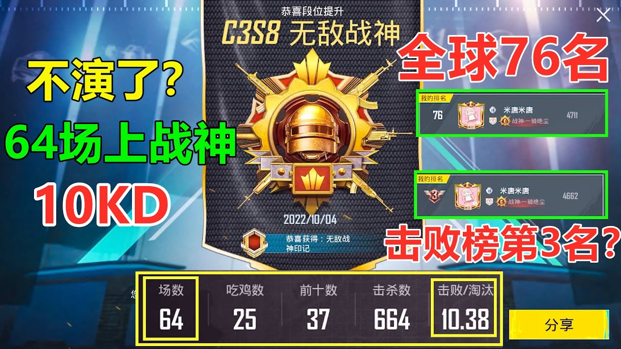 不演了？64场10KD上无敌战神，成功进入百榜？还拿下击败榜第二