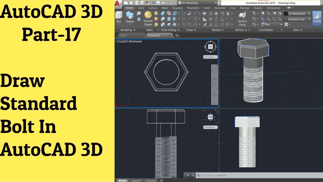 #17 AutoCAD 3D Tutorial- How To Draw Standard Bolt In AutoCAD 3D
