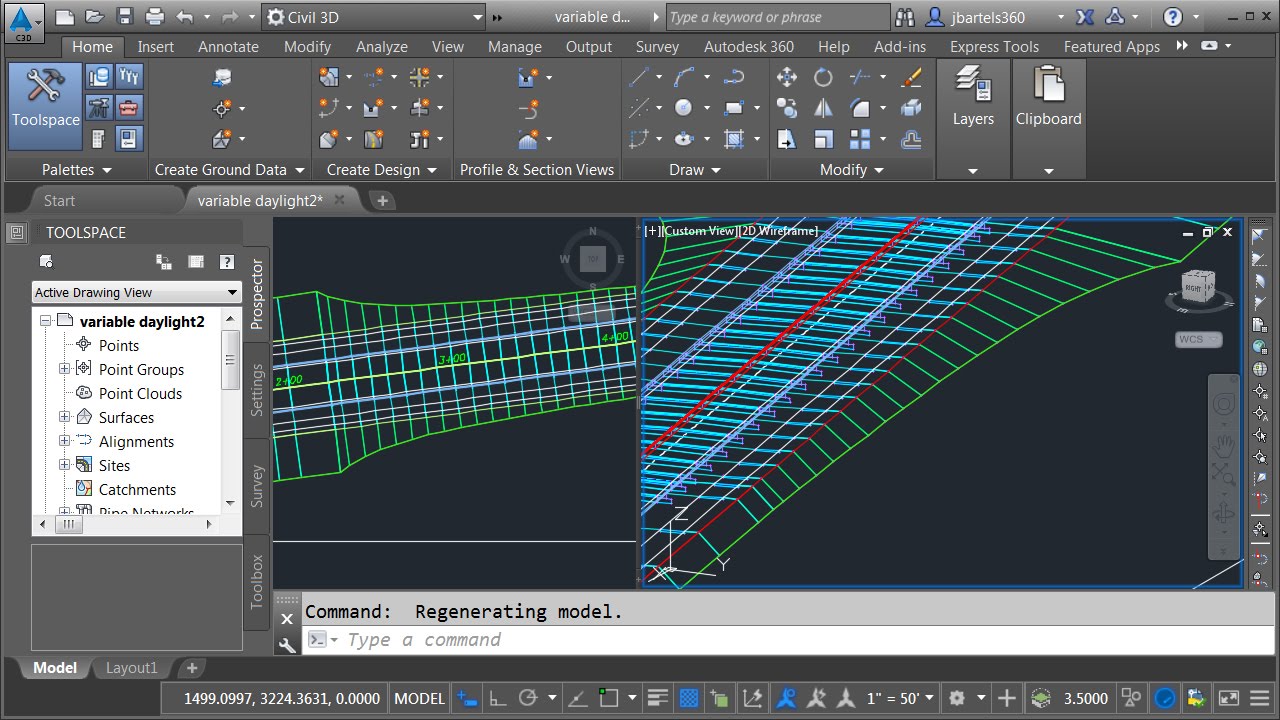 Modeling a Civil 3D corridor with variable slope daylight