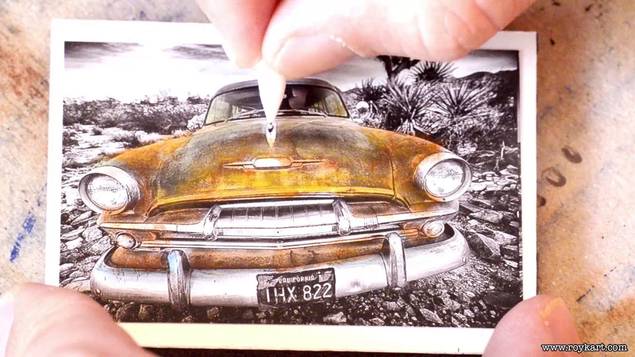 Hand coloring of a 1954 plymouth b&w photo