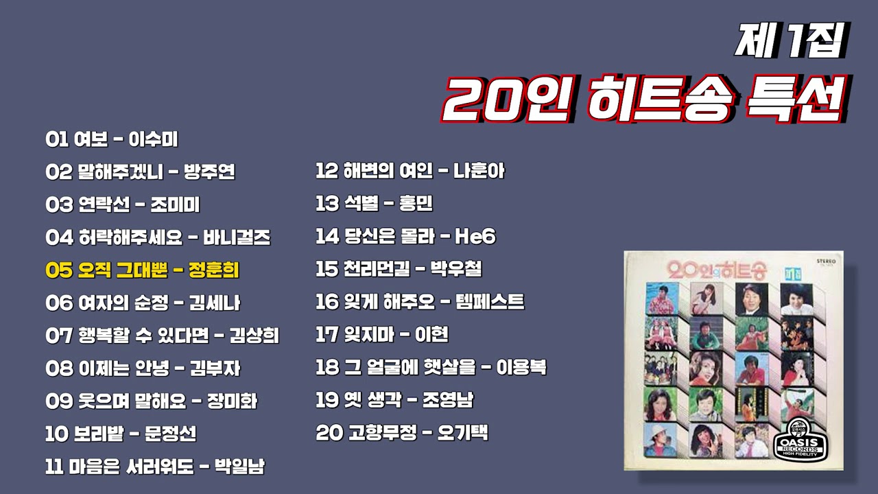 [오아시스레코드] 20인 히트송 특선 제 1집 | 20곡 | 이수미, 정훈희, 나훈아, 이용복, 홍민, 조미미