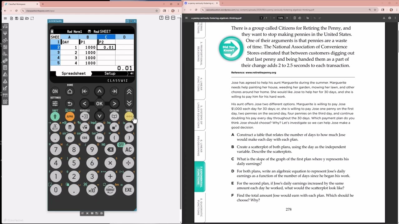 Spreadsheet Menu for Exponential Growth with fxCG100