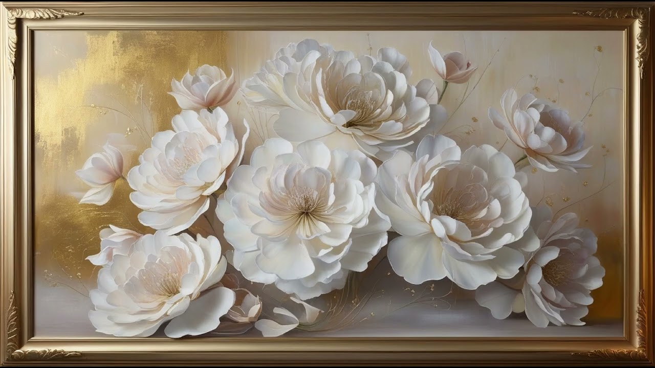 Vintage White Peonies Painting | Gold Frame Tv Art | Art Screensaver For Tv | 4K Free Art For Tv