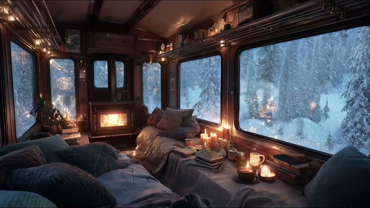 Snowy Train Cabin Ambience ❄️🚆 | Cozy Fireplace, Winter Storm & Candlelight Comfort