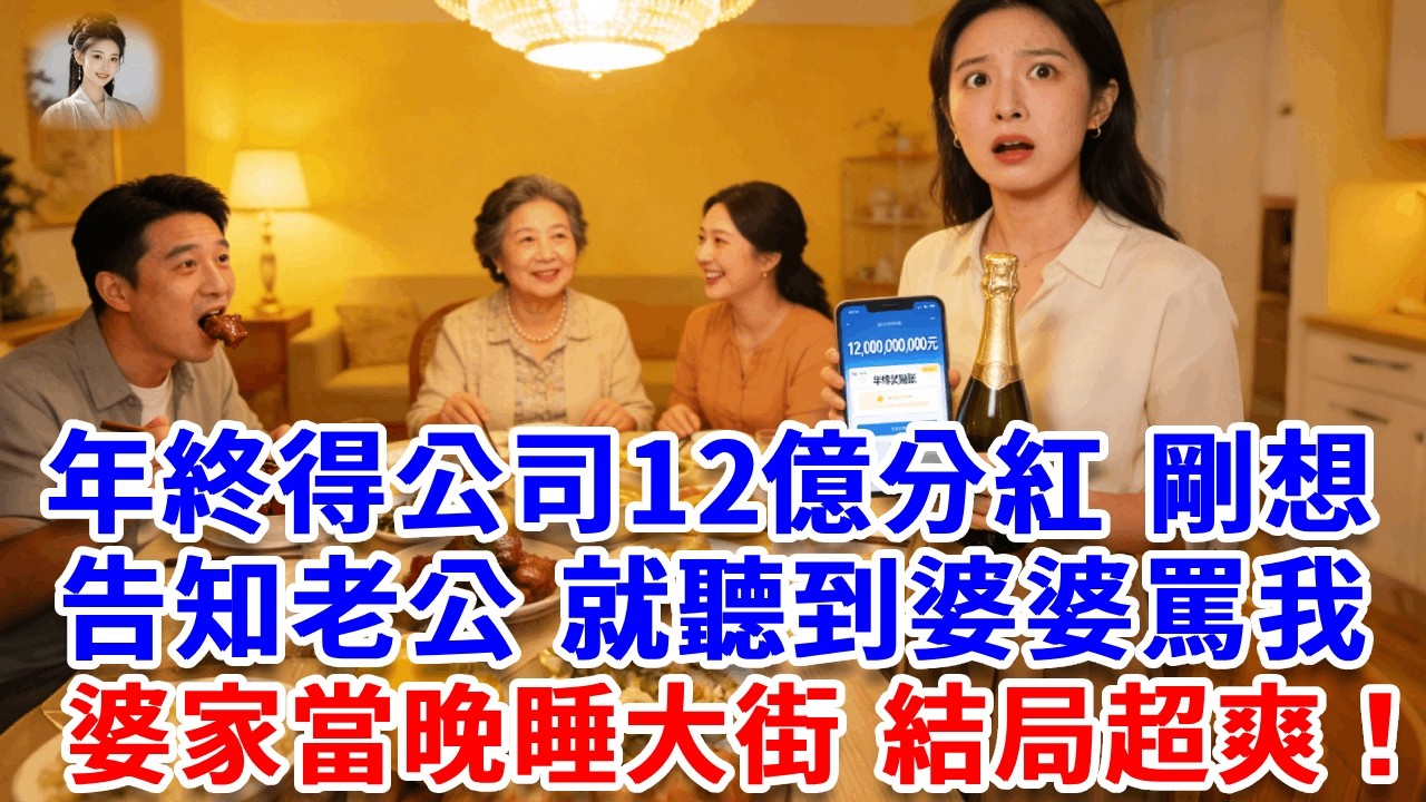 我年終得公司12億分紅，剛想告知老公，婆婆就罵：大媳婦年薪800萬，妳才1萬，沒用的東西！老公點頭！我當場離婚 收回婚房！婆家當晚睡大街 結局超爽！#思妤說故事#為人處世#生活經驗#情感故事#晚年哲理