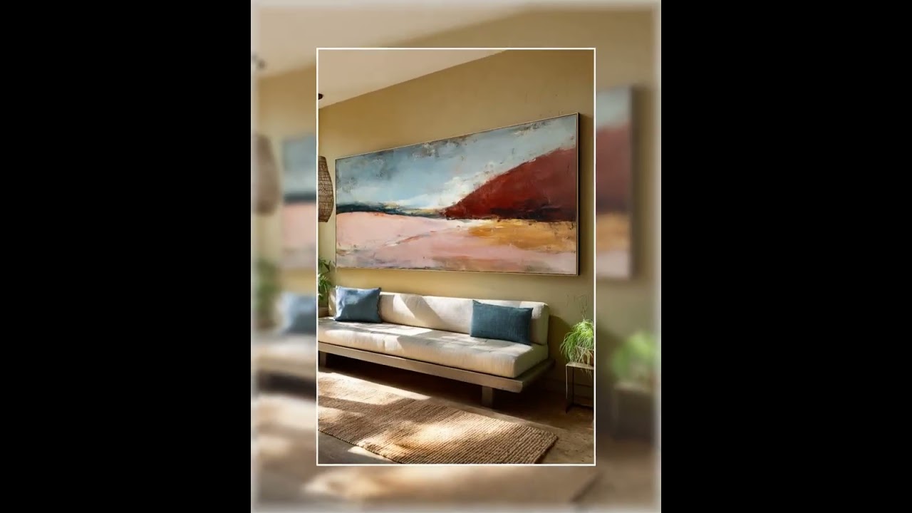 Blue Red Abstract Landscape, Large Wall Art for Modern Living Room, Unique Home Accent, Calming S...
