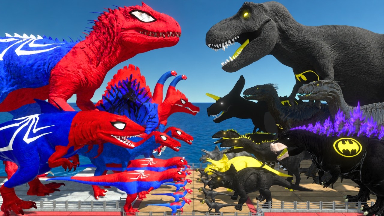 Spiderman Indominus Rex vs Batman T-Rex | Dinosaurs Bridge Challenge |Animal Revolt Battle Simulator