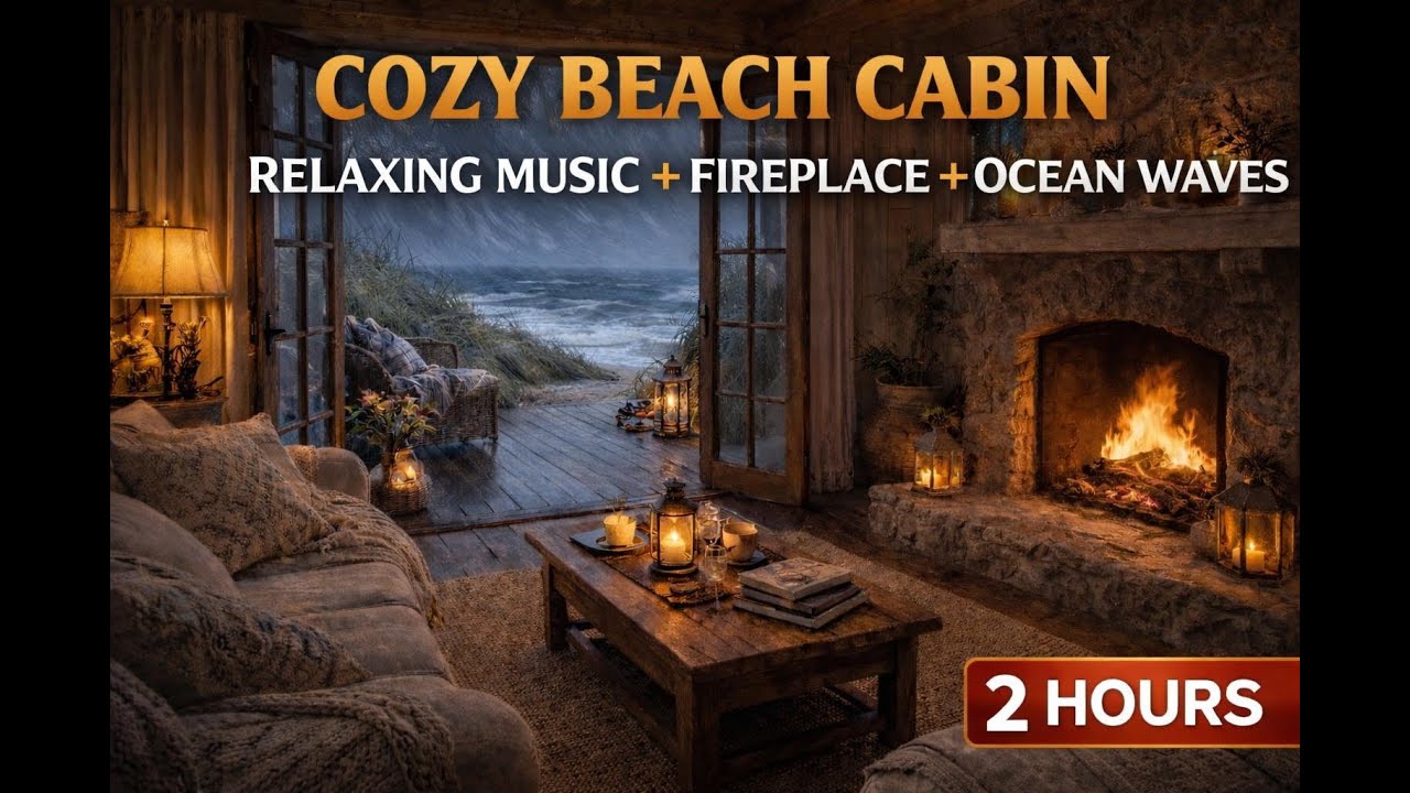2 Hours Cozy Seaside Cabin – Waves, Fire & Relaxing Music for Sleep