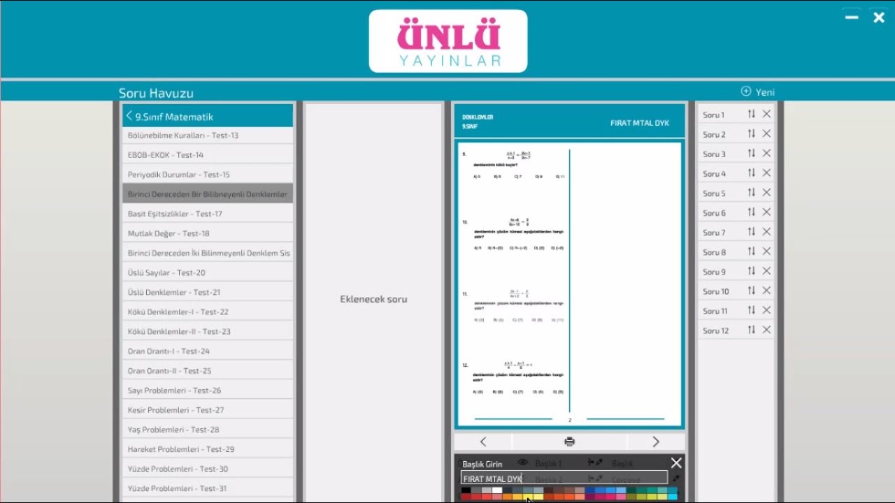 Online Test Hazırlama-2 (Ünlü Yayınları Soru Havuzu)