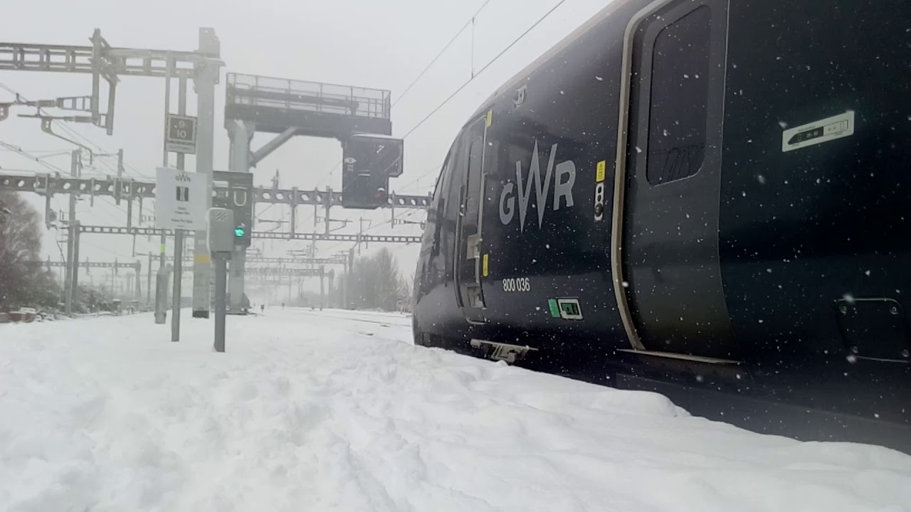 Class 800 trains in snowy Swindon.