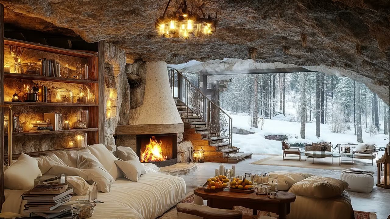 Soft Firelight Comfort for Quiet Sleep | Remote Alpine Cabin Surrounded by Blizzard Night