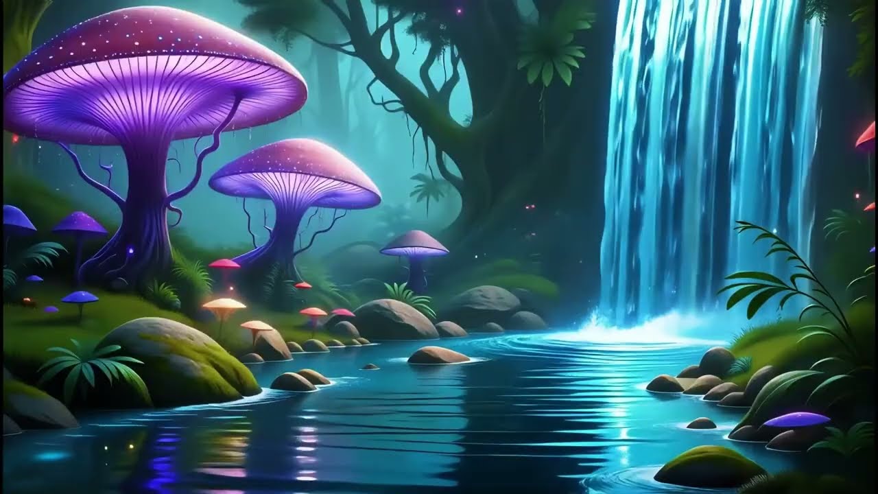 🍄 Fantasy Waterfall Paradise 🌌 Glowing Mushroom Forest Ambience for Deep Sleep, Relaxing & Study