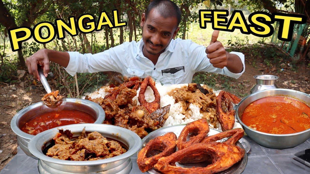 MUKBANG EATING PONGAL FEAST SPECIAL MUTTON RECIPE ,MUTTON GRAVEY FISH FRY,FISH CURRY ,RICE CHALLENGE