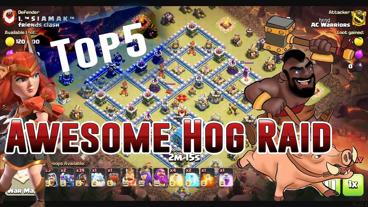 TOP5!! AWESOME HOG RAID IN WAR BASE TH12 3-STAR ( Clash of Clans )
