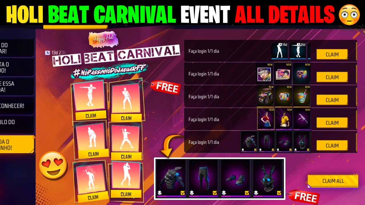 HOLI BEAT CARNIVAL EVENT || ALL FREE REWARDS IN HOLI CARNIVAL EVENT FREE FIRE || FREE MAGIC CUBE ?