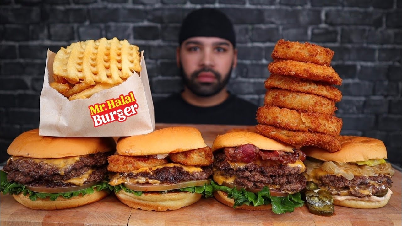 THREE PATTY CHEESE BURGER, JALAPEÑO BURGER, BEEF BACON CHEESE BURGER, WAFFLE FRIES, AND ONION RINGS