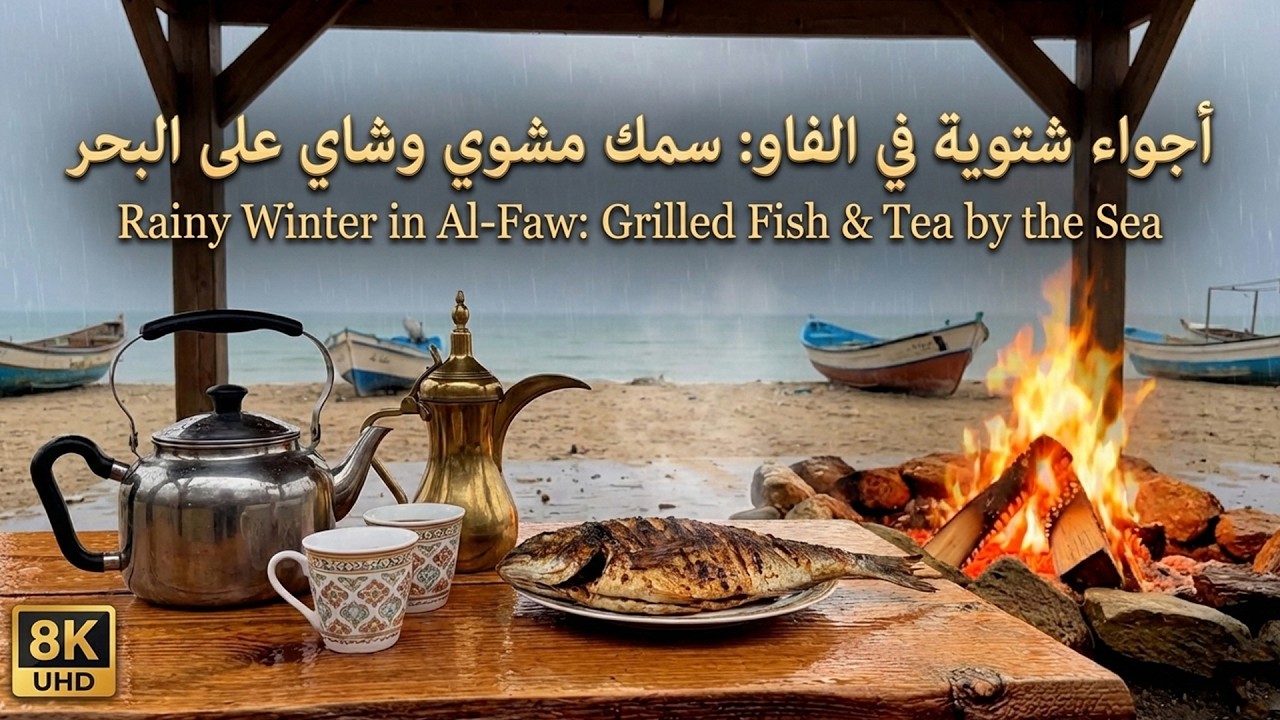 أجواء شتوية على شاطئ الفاو: سمك مشوي وشاي عراقي تحت المطر 🇮🇶 | استرخاء بصوت الأمواج والنار