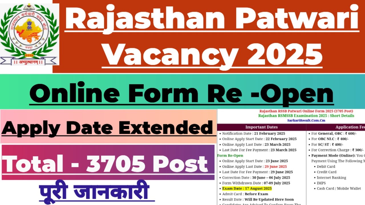 Rajasthan Patwari Online Application Form Re-Open 2025 | RSSB Patwari Vacancy 2025 | By Adarsh Sir