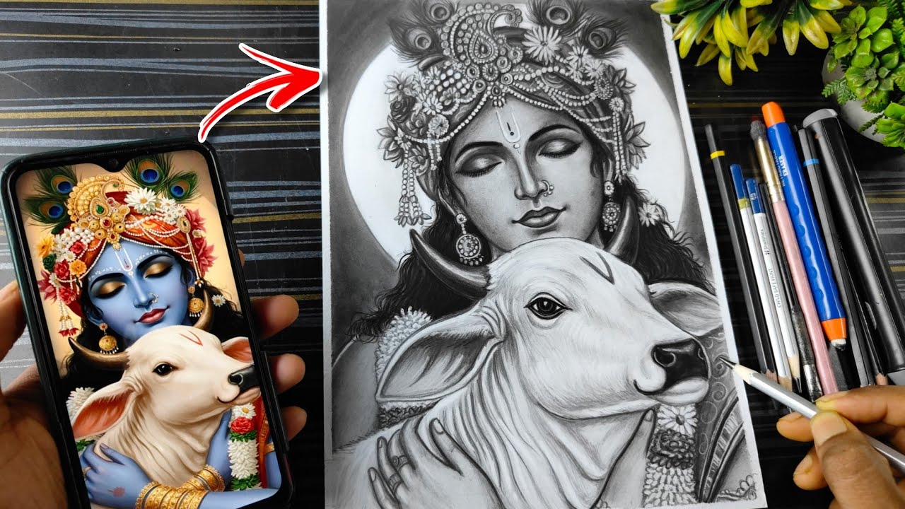 Krishna Drawing 😍With Pencil Sketch, How To Draw Lord Krishna With Cow❤️&zwj;🩹, Step By Step Tutorial