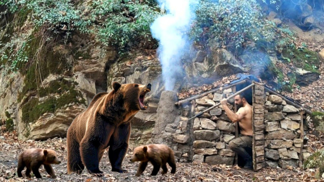 Building a shelter under the rock/Staying safe from the bear and her cubs/Cooking  food on the fire