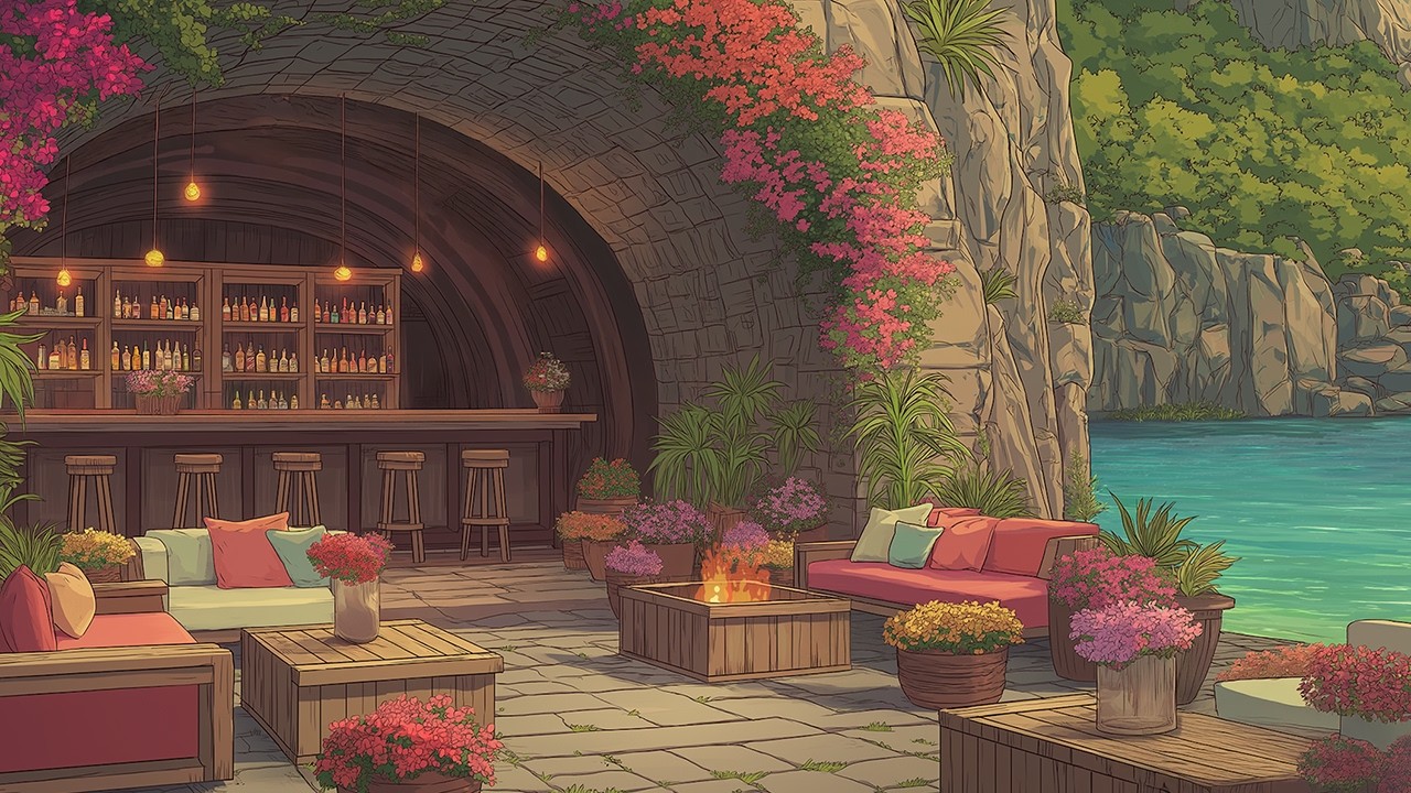 Cozy Beach Cafe Ambience 🌊 Soothing Jazz, Warm Fireplace & Ocean Waves to Read, Focus & Work