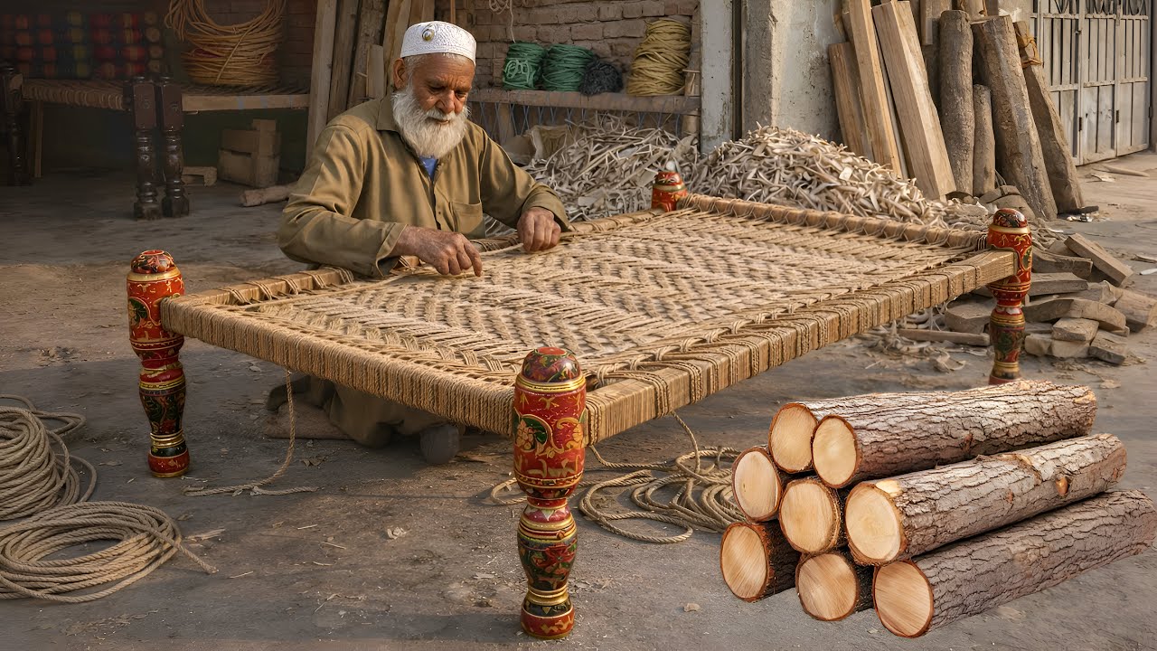 Making Traditional Rope Bed | Handcrafted Wooden Cot Weaving Process