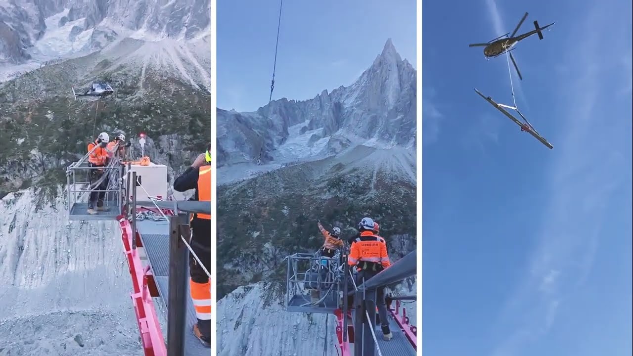 Héliportage Chamonix démontage grue à tour 150ECB Liebherr, hélicoptère Ecureuil CMBH et Super Puma.