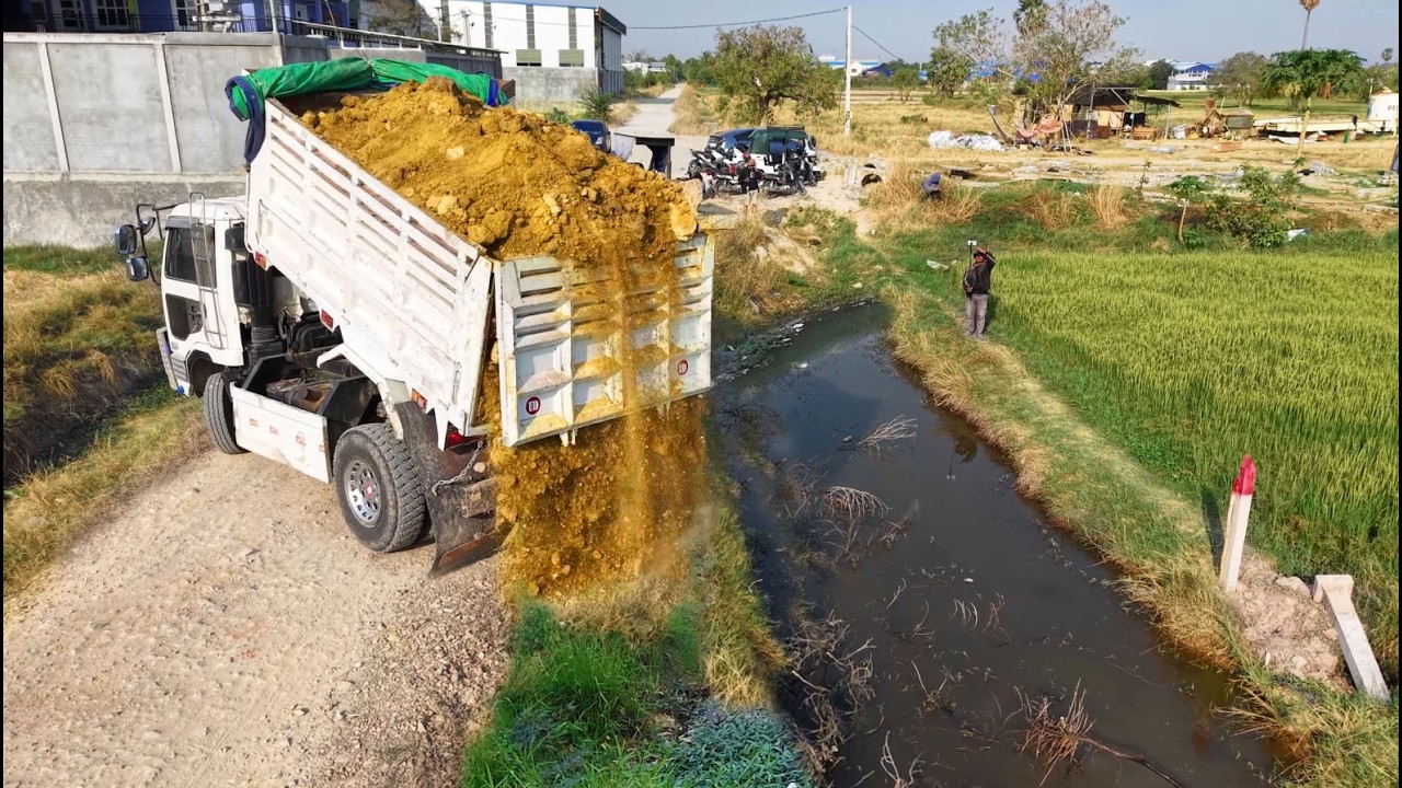 First Start Wonderful New Project!Dump truck 5T Filling Land In Deep Canal,By Dozer D20 Pushing Soil