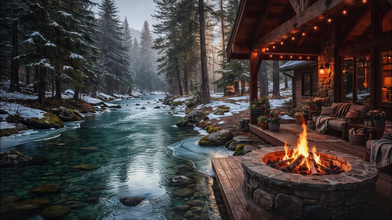 Cozy Alpine Log Cabin ❄️ Fire Crackle Ambience 🔥 Soft Ambient Guitar | Nature | Relax, Study, Sleep