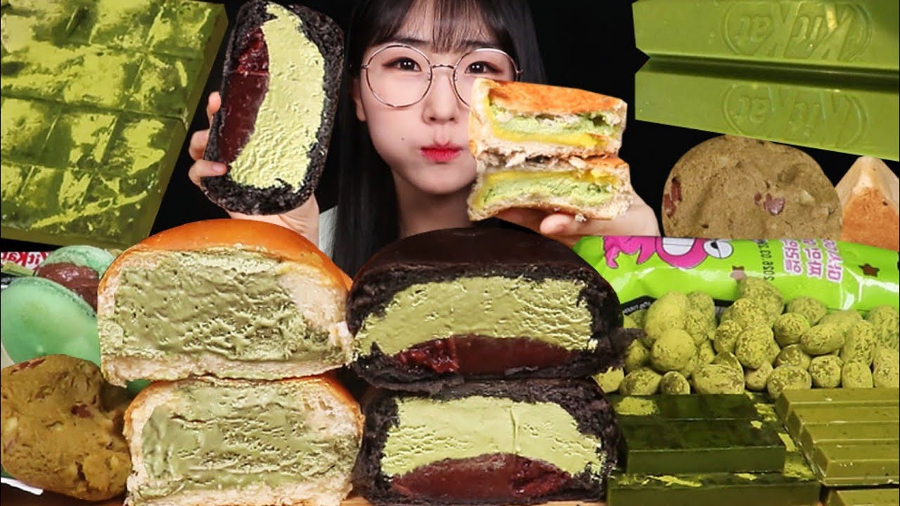 ASMR 연세녹차팥생크림빵 삼각말차크림빵 킷캣녹차 말차생초콜릿 녹차생크림빵 마카롱 쿠키 녹차디저트 먹방 GREEN TEA CHOCOLATE BREAD DESSERT MUKBANG