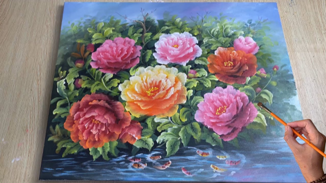 peony and fish landscape painting /acrylic painting /halo art