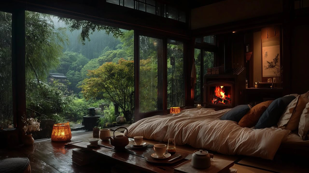 Relaxing Sleep Music + Insomnia Relief – Rain Sounds & Crackling Fireplace in a Warm Bedroom