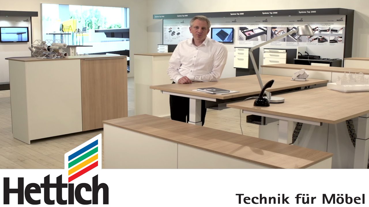 Technik f&uuml;r M&ouml;bel im B&uuml;ro: h&ouml;henverstellbare Tischgestelle, Schubkastensysteme + Schiebet&uuml;rsysteme