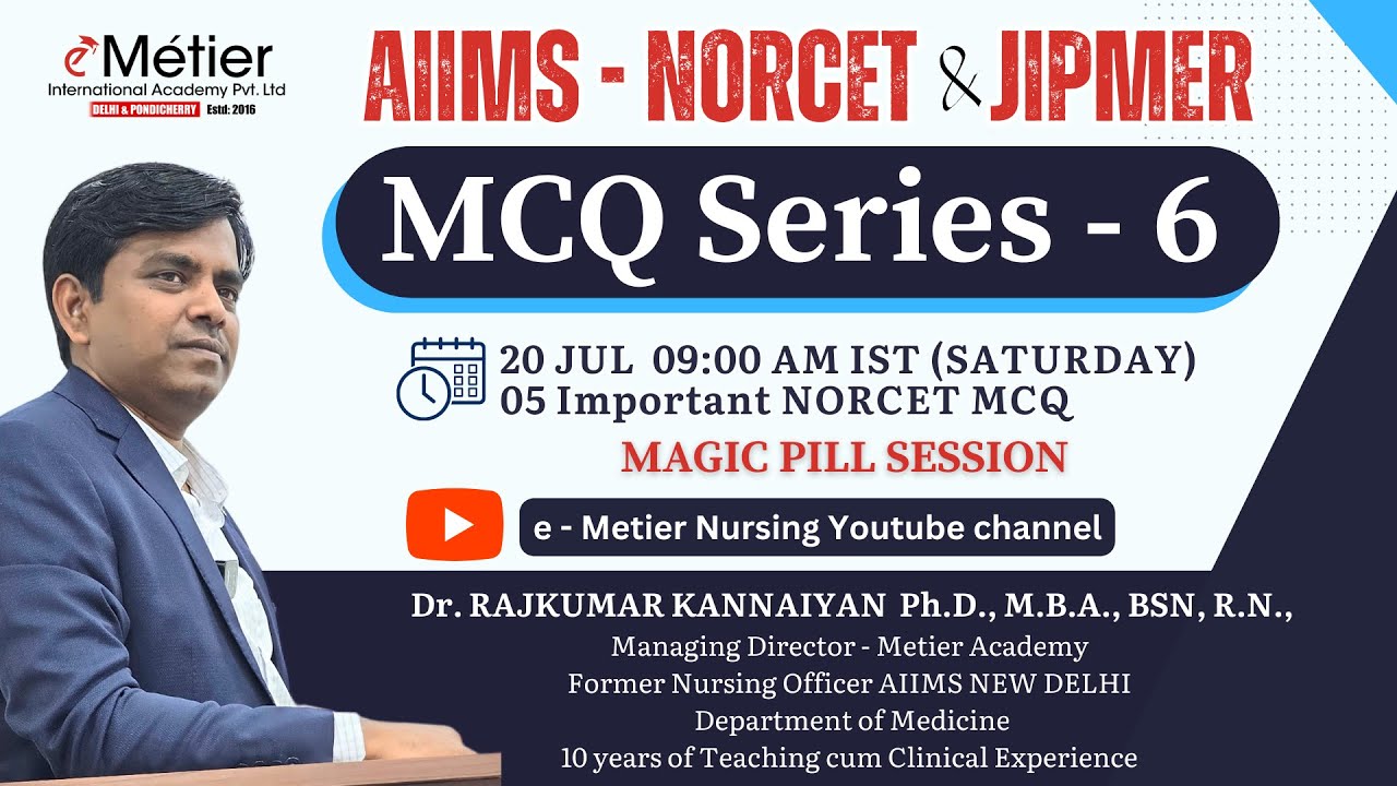 MCQ Series 6 | Magic Pills Session | AIIMS - NORCET | JIPMER | Nursing officer coaching | Metier