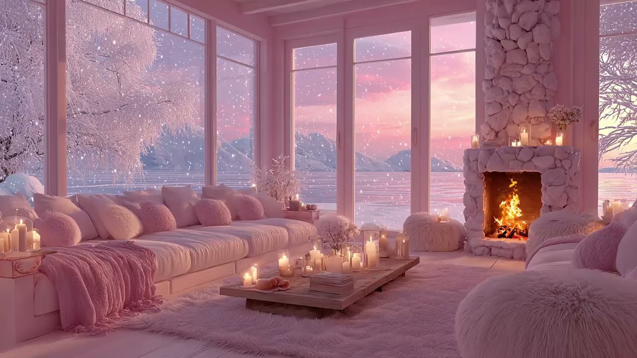 Serene Winter Lakeside Living Room with Soft Piano, Snowy View and Cozy Fireplace Ambience