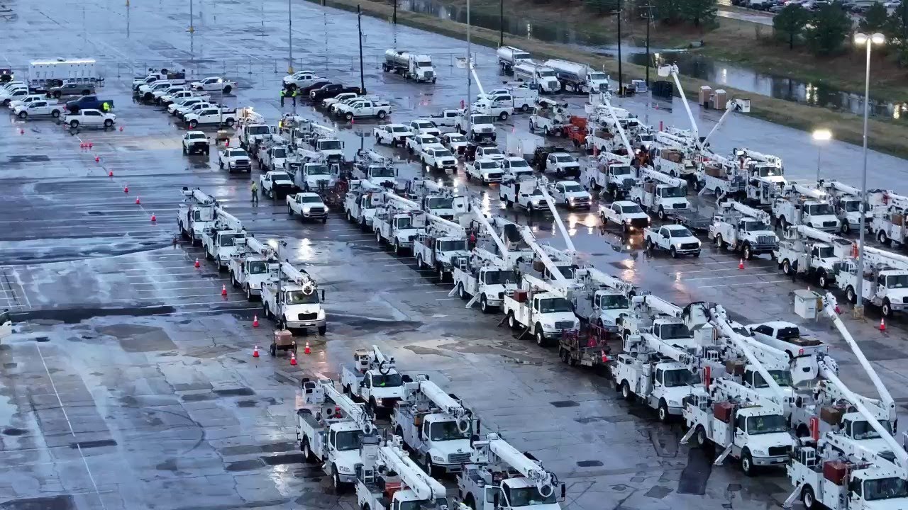 Houston winter storm: Drone video shows CenterPoint crews staging ahead of storm