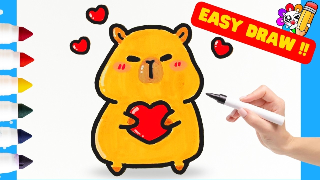 How to Draw Viral Capybara Holding a Heart ❤️ Easy Drawing for Kids