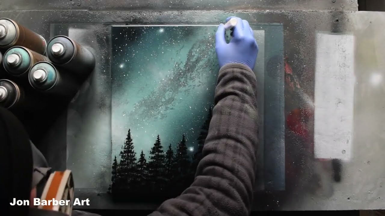 Teal Galaxy above a Forest - Spray Paint Art
