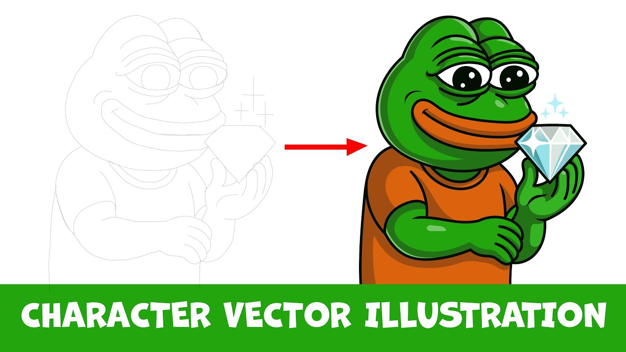 Sketch to Diamond Dreams Pepe Character Design &ndash; Vector Art Transformation using Adobe Illustrator✨🐸