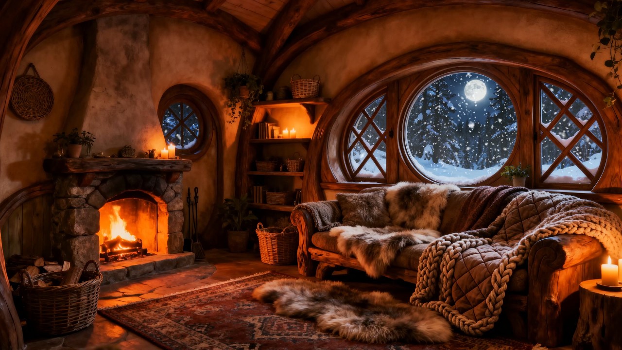 Warm Fantasy Cabin in the Snowy Woods 🕯️ Crackling Fire & Blizzard |  3 Hrs 4K Perfect Loop