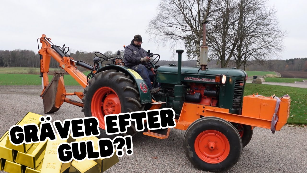 Bolinder Munktell gör jobbet! Traktor ifrån 50-talet gräver djupa spår i marken och på gräsmattan!