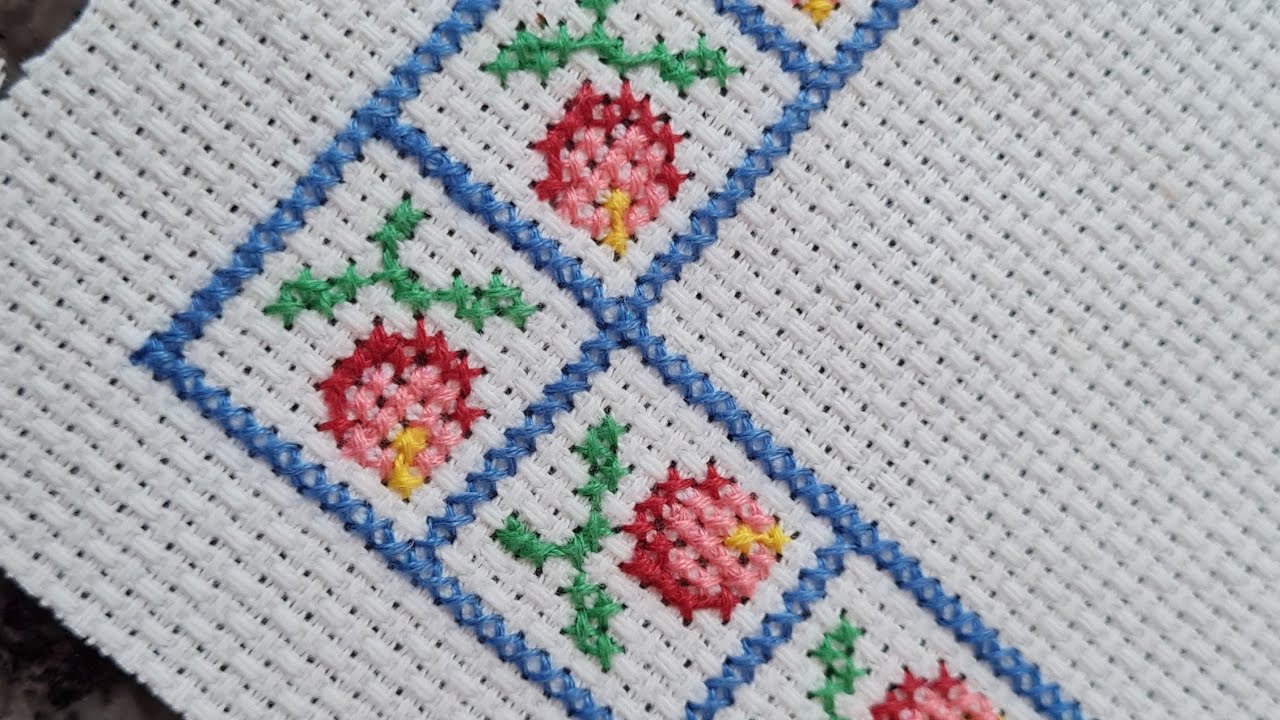 Barrado fácil ponto cruz - Caminho de mesa, toalhas de canto_ Flor - Passo a passo com pingado