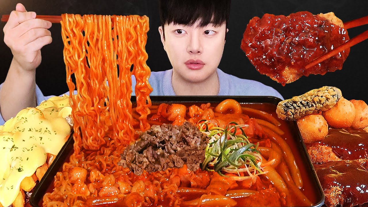 SUB)불향가득 청년다방 차돌떡볶이 먹방!🔥 버터갈릭감자튀김 경양식돈가스 김말이 치즈볼 Spicy Korean noodle tteokbokki Mukbang asmr