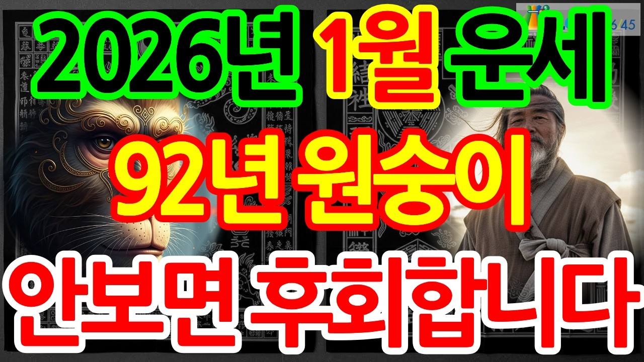 1992년 임신생 원숭이띠, 2026년(丙午年) 1월 상세 운세(재물운, 문서운, 건강운, 사업운, 직업운, 대인관계운, 애정운, 가정운 등) 및 1월 행운 번호 공개