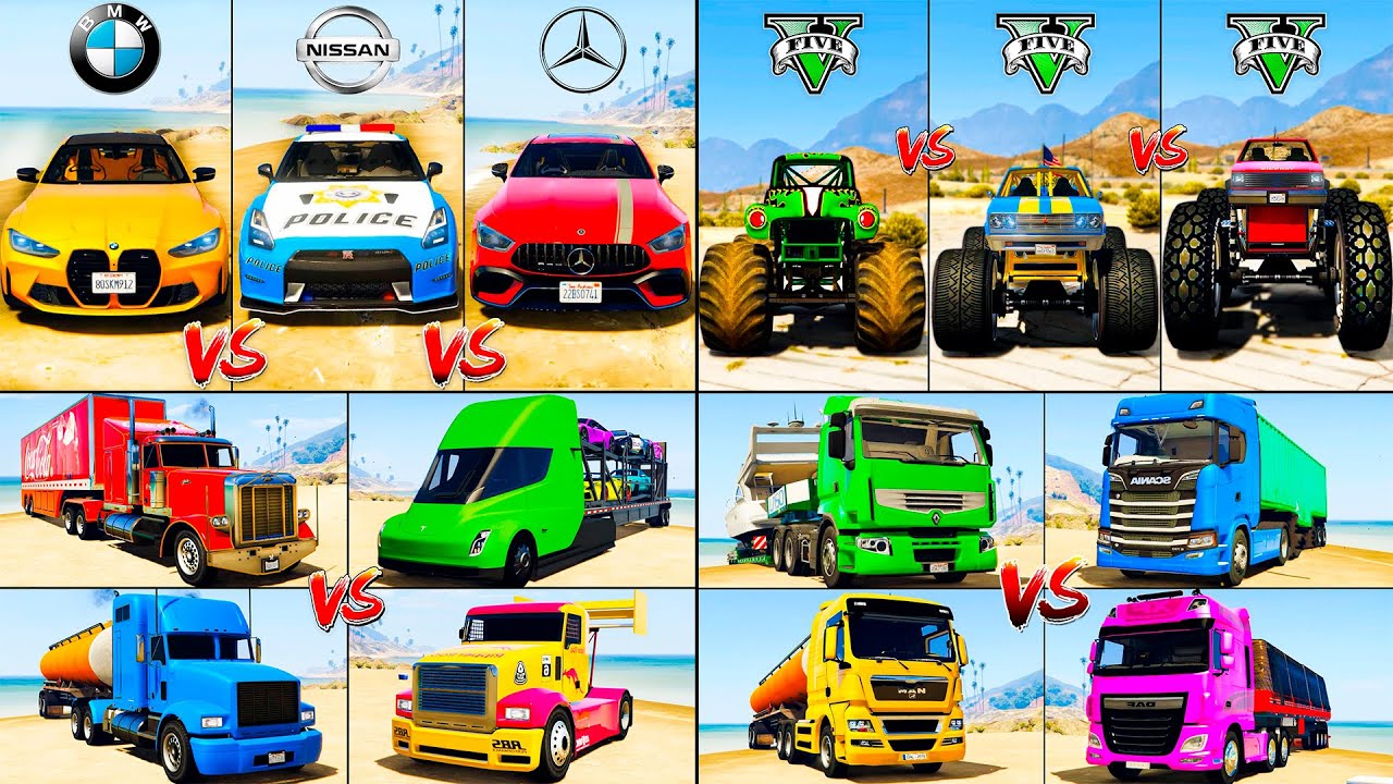 BMW M4 Competition vs Monster Truck vs COLOR Trucks vs Super Cars - GTA 5 Car Mods Compilation