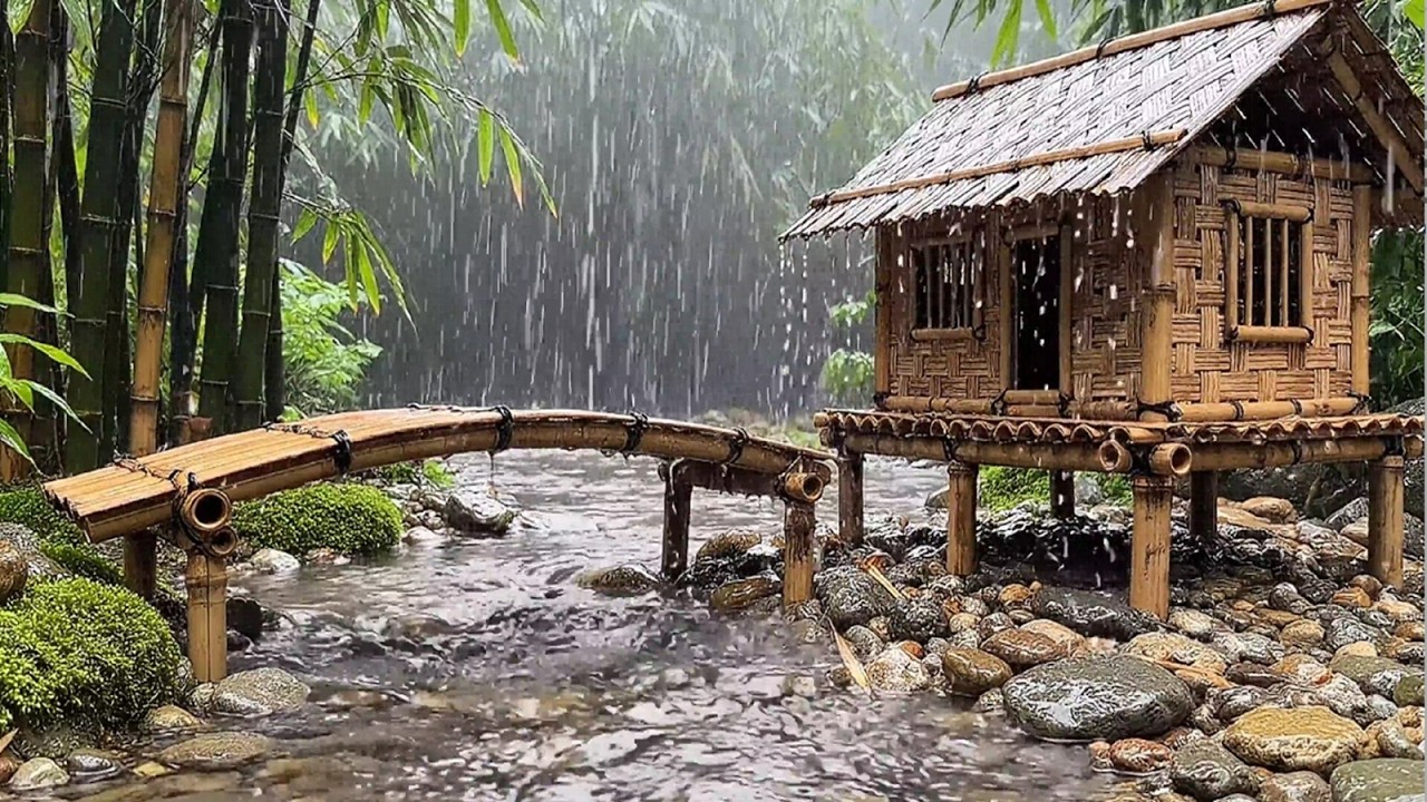 Cozy Rainy Night at a Tiny Bamboo Cabin 🌧️ | Relaxing Forest Stream & Bridge Ambience for Deep Sleep