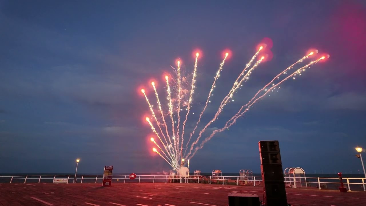 At Busy Clacton on Sea Essex Pier Music Fireworks Display video May 25 bank holiday weekend 2025