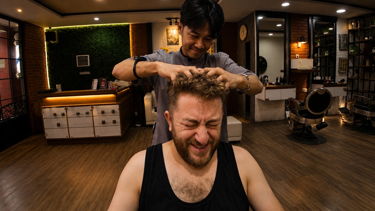 THIS BARBER MASSAGE WAS VERY RELAXING + CRACKS + WASH +ASMR head,face,ear,arm,palm,neck,back massage