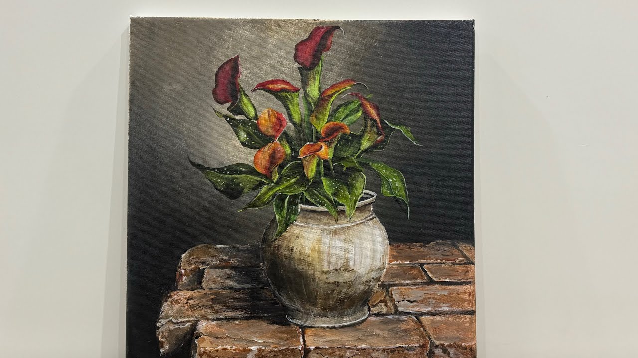 Red Calla Lilies in a Vase || Step -by- Step Acrylic Painting