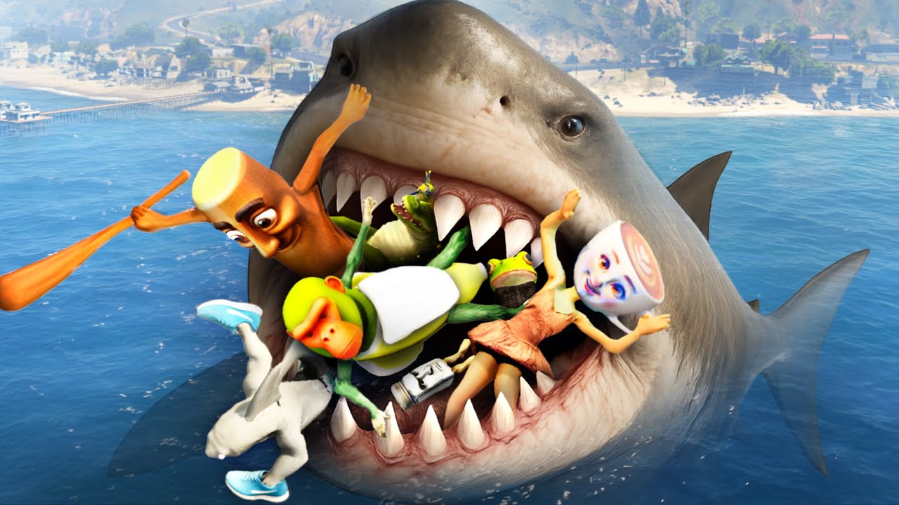 GTA 5 Tralalero Tralala and Ballerina Cappuccina Team VS Shark (Water Jumps and Ragdolling)